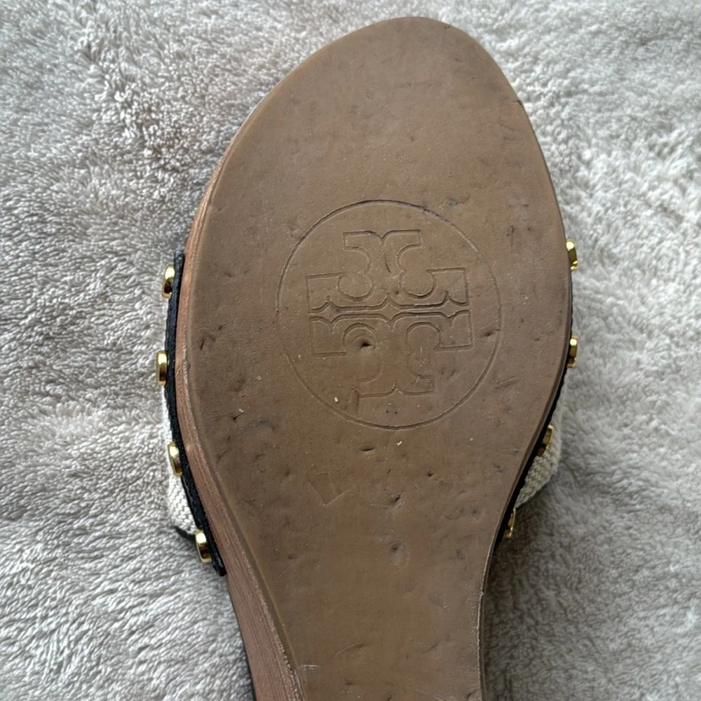Tory Burch Black and Cream Wedge Sandals - Picture 10 of 13
